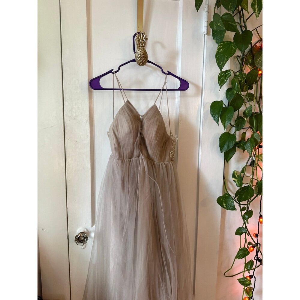 Taupe Tulle Formal Dress with Lace Detail